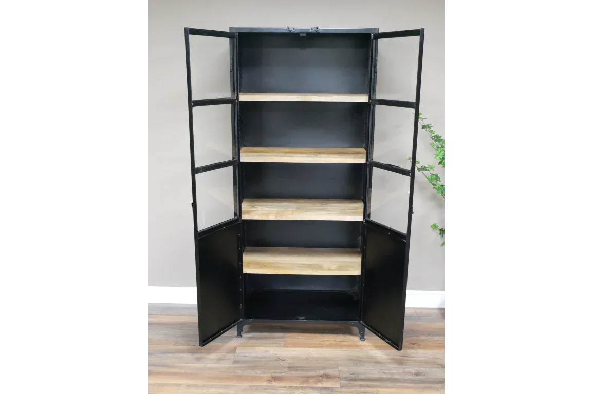 Black industrial display cabinet with glass doors and wooden shelves, doors open