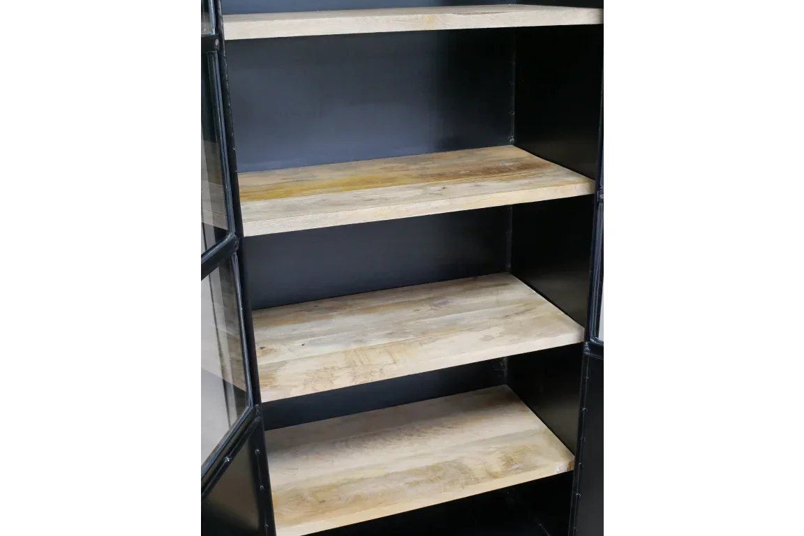 Industrial display cabinet with glass doors and natural wood shelves