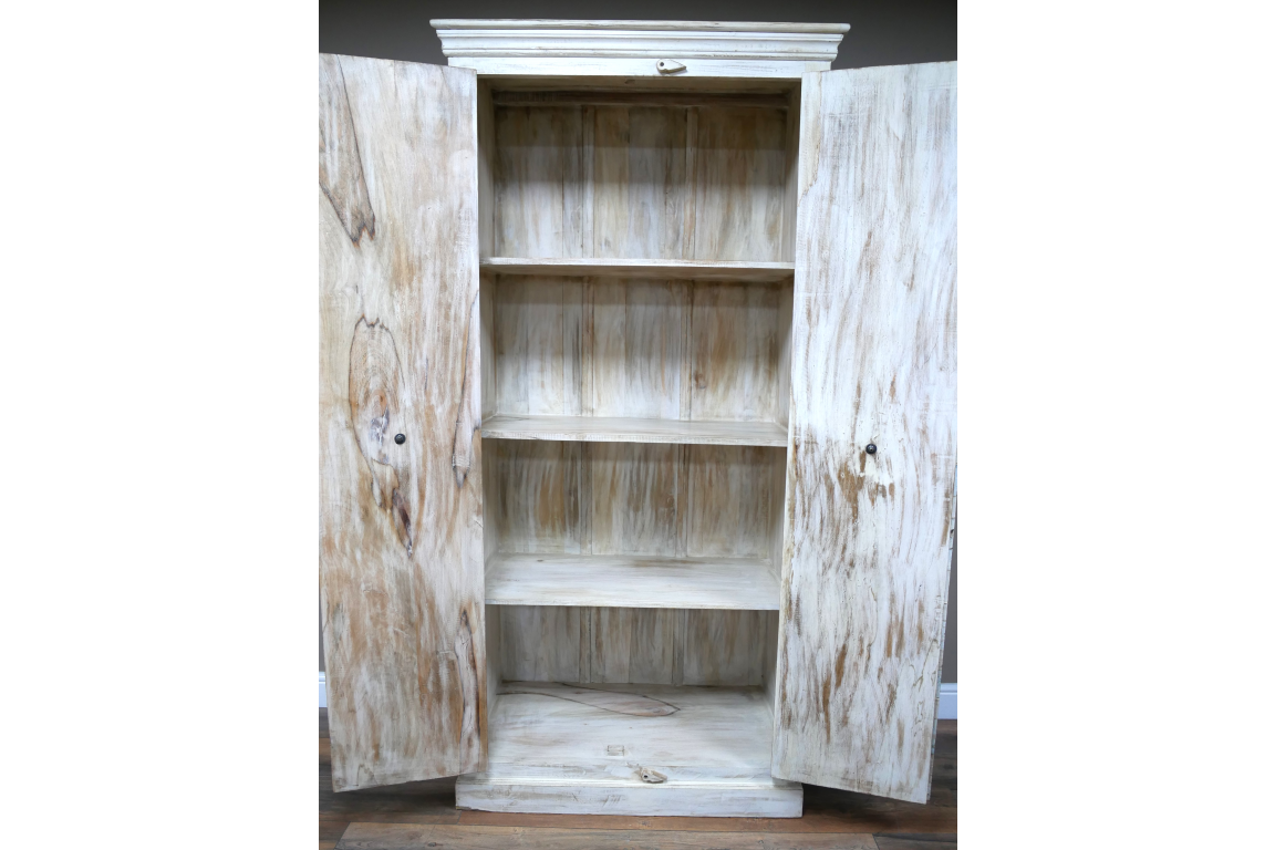 Large wooden cabinet with two open doors, three interior shelves, natural light wood finish, front view.