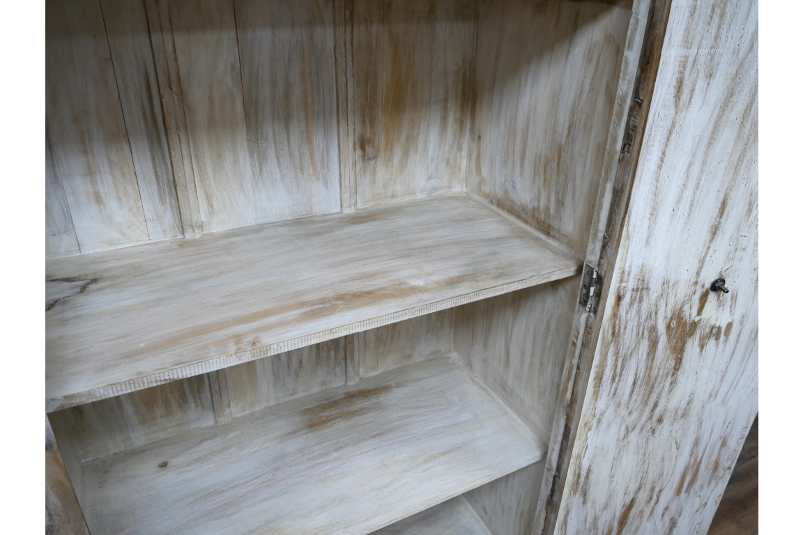 Large wooden cabinet with two shelves, distressed white finish, open door showing interior, front angled view.