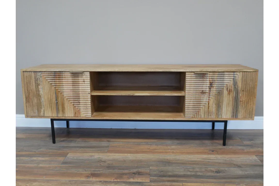 Natural wood TV unit with open shelves, textured doors, and black metal legs