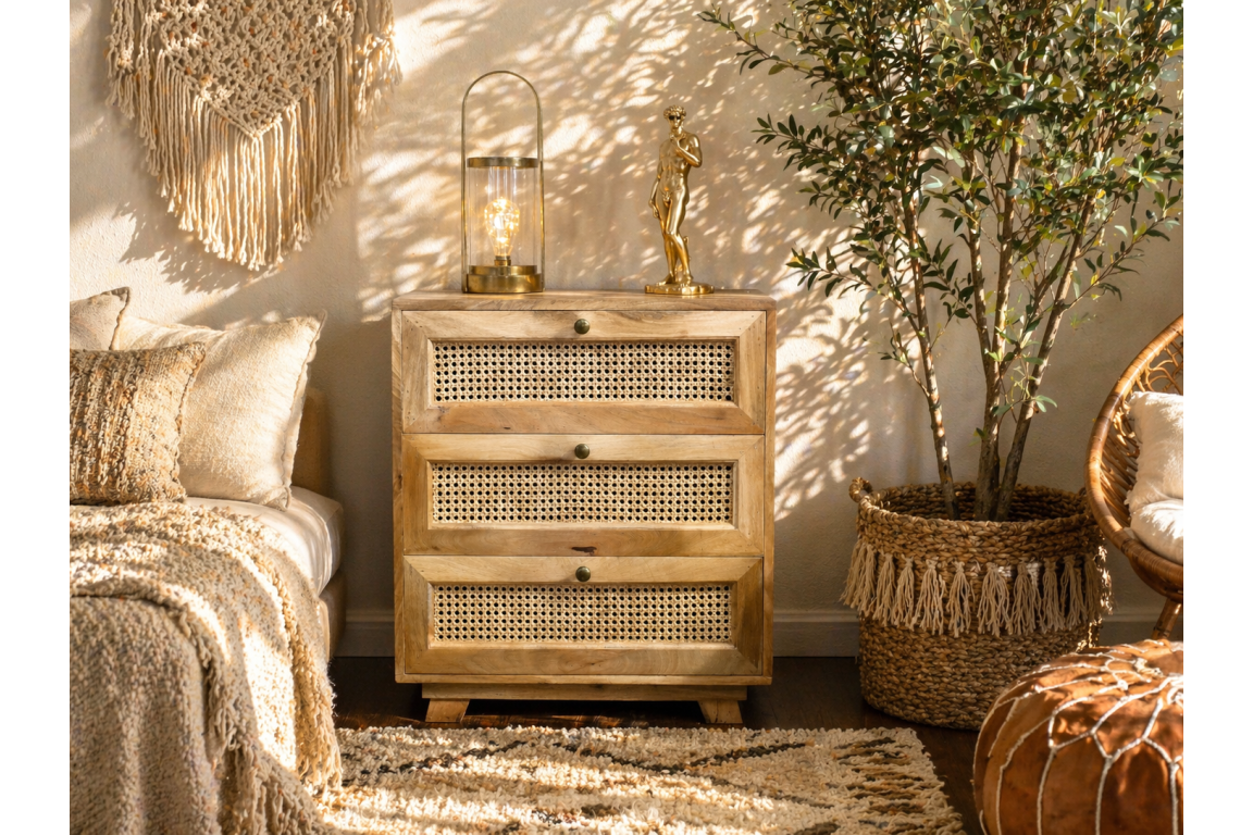 The rattan small chest of drawers features three woven front drawers, a natural wood finish, and a compact design, perfect for adding style and storage to any space