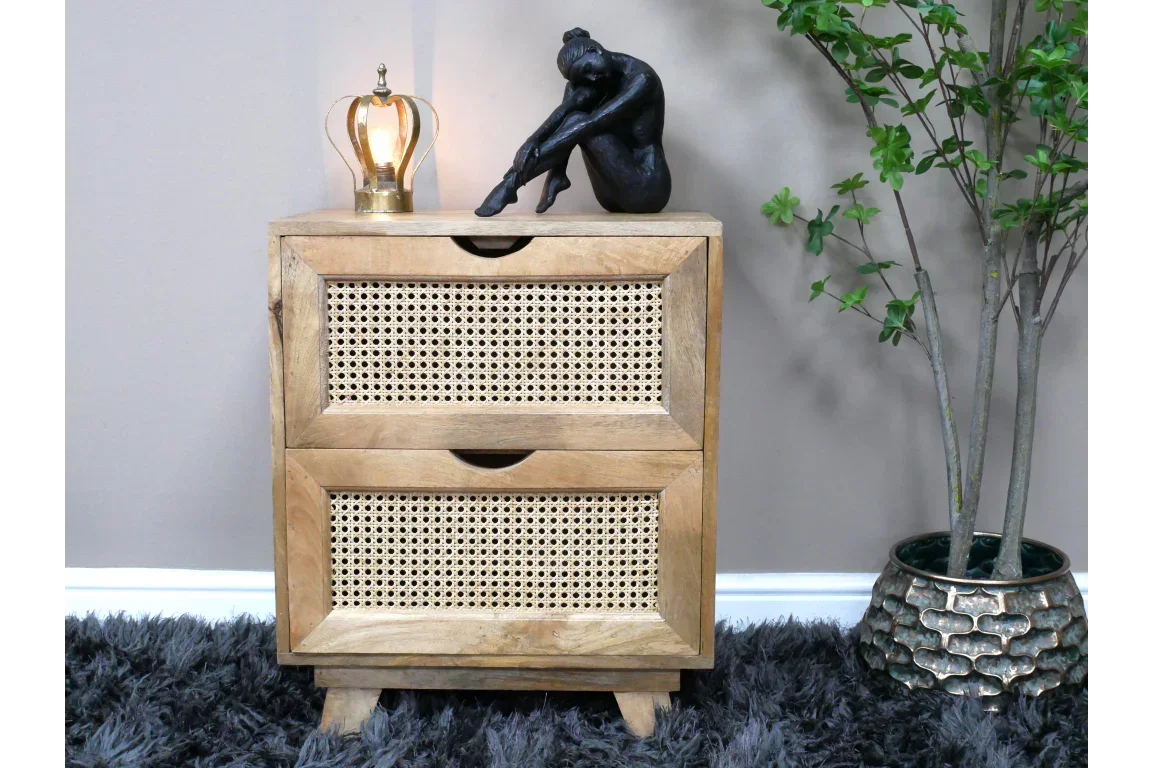Two drawer wooden rattan bedside table with decor, set on grey rug beside plant