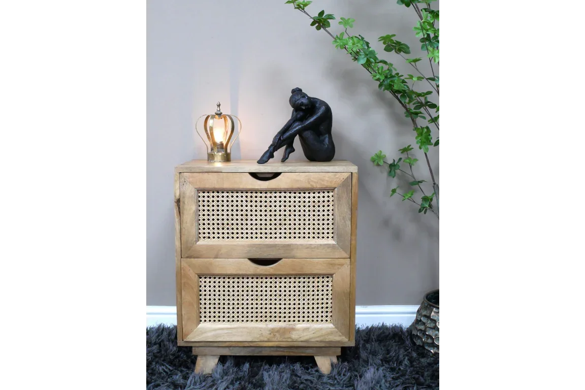 Two drawer wooden bedside table with rattan fronts, styled with lamp and sculpture