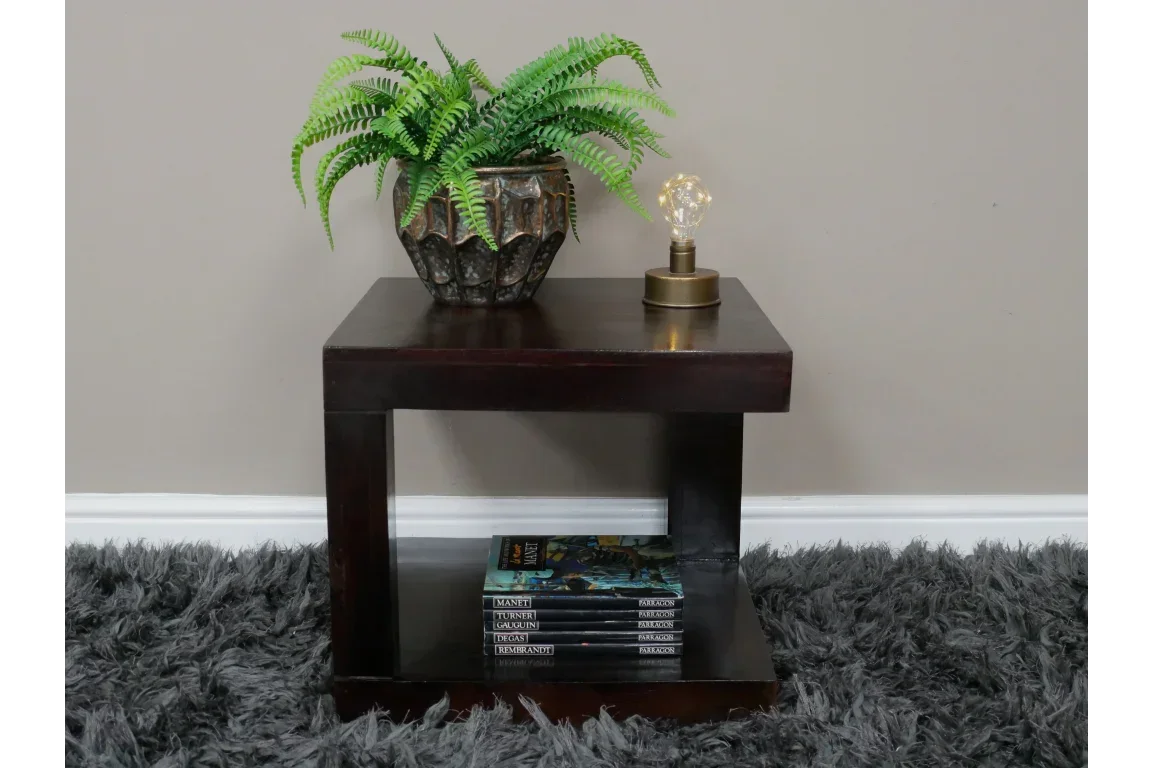 Dark wood side table with open shelf, potted plant, small lamp and stacked books