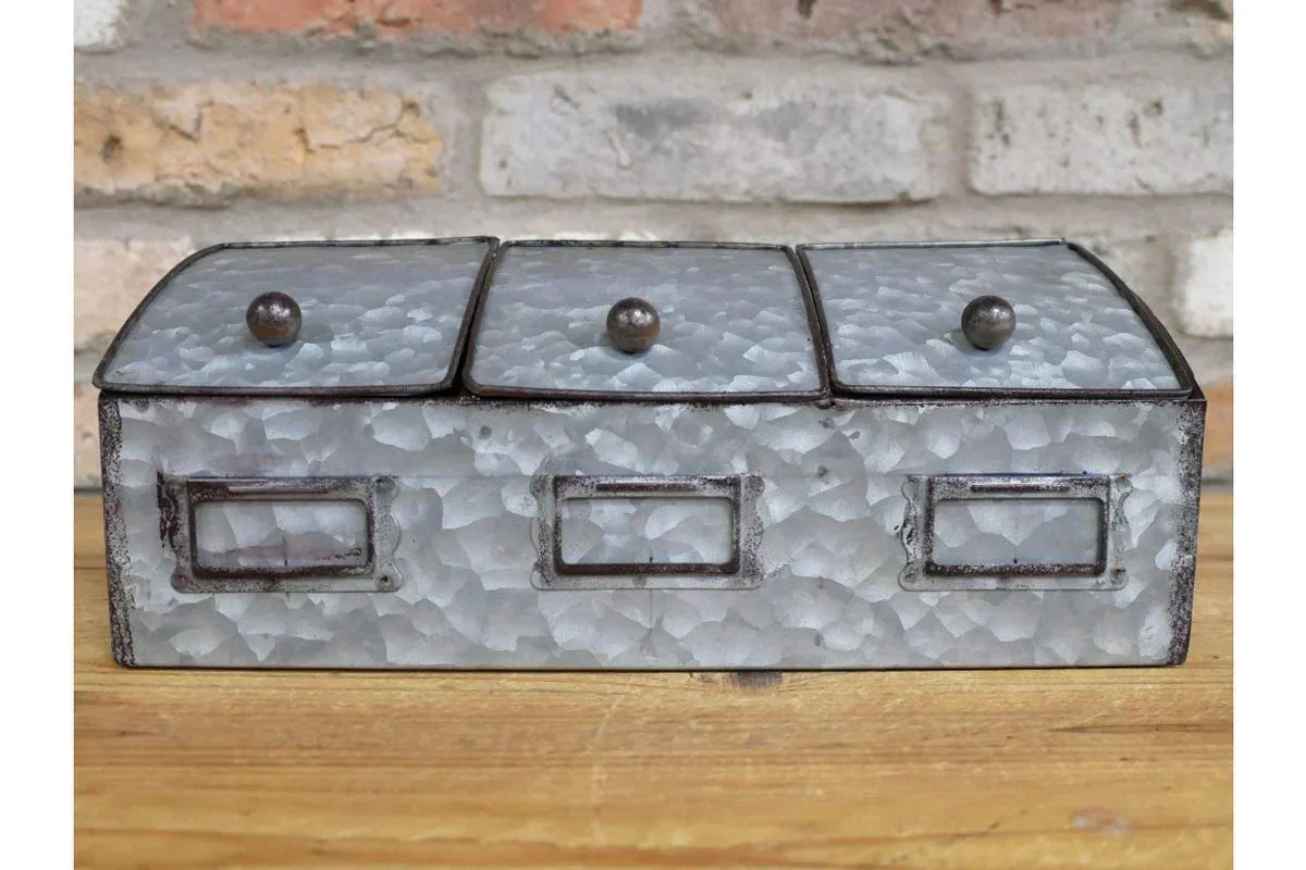 Galvanised metal kitchen storage canister with three labelled compartments and lids