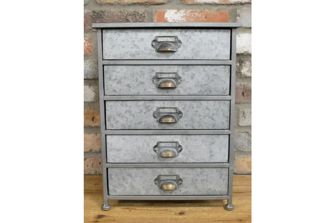 Metal storage cabinet with five drawers and label handles, industrial style, brick wall backdrop