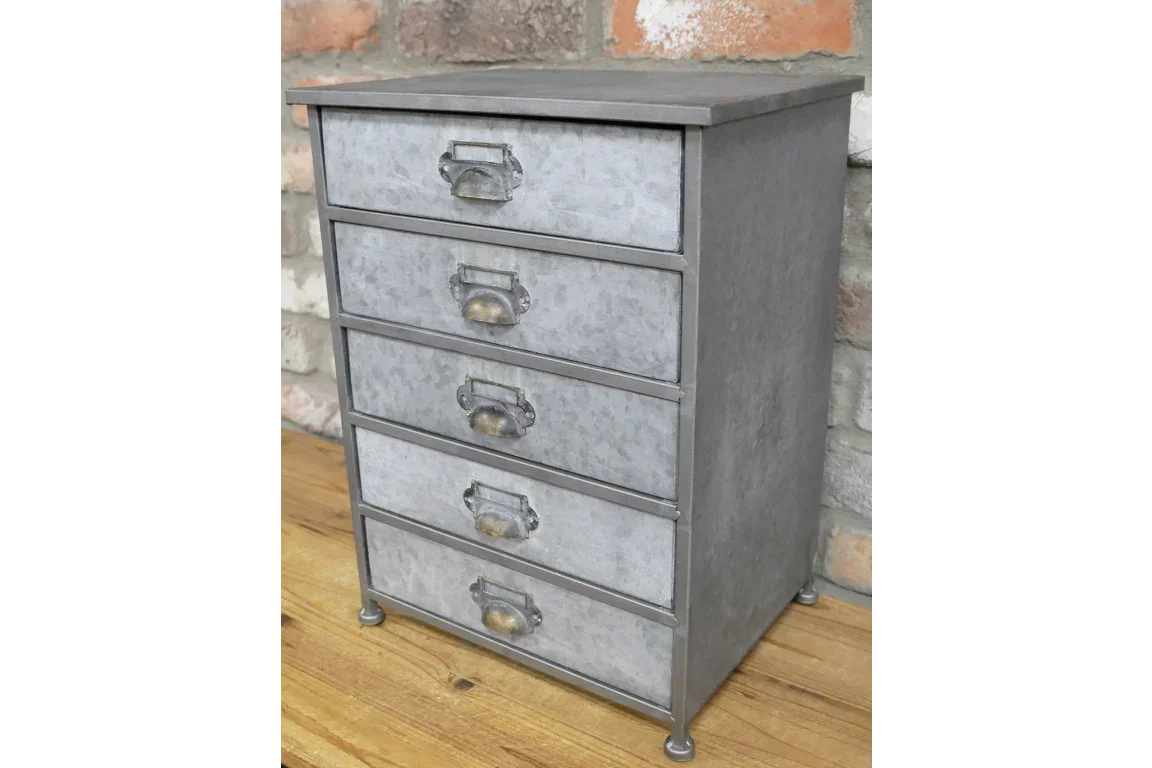 Industrial metal storage cabinet with five drawers and label holders on wooden floor