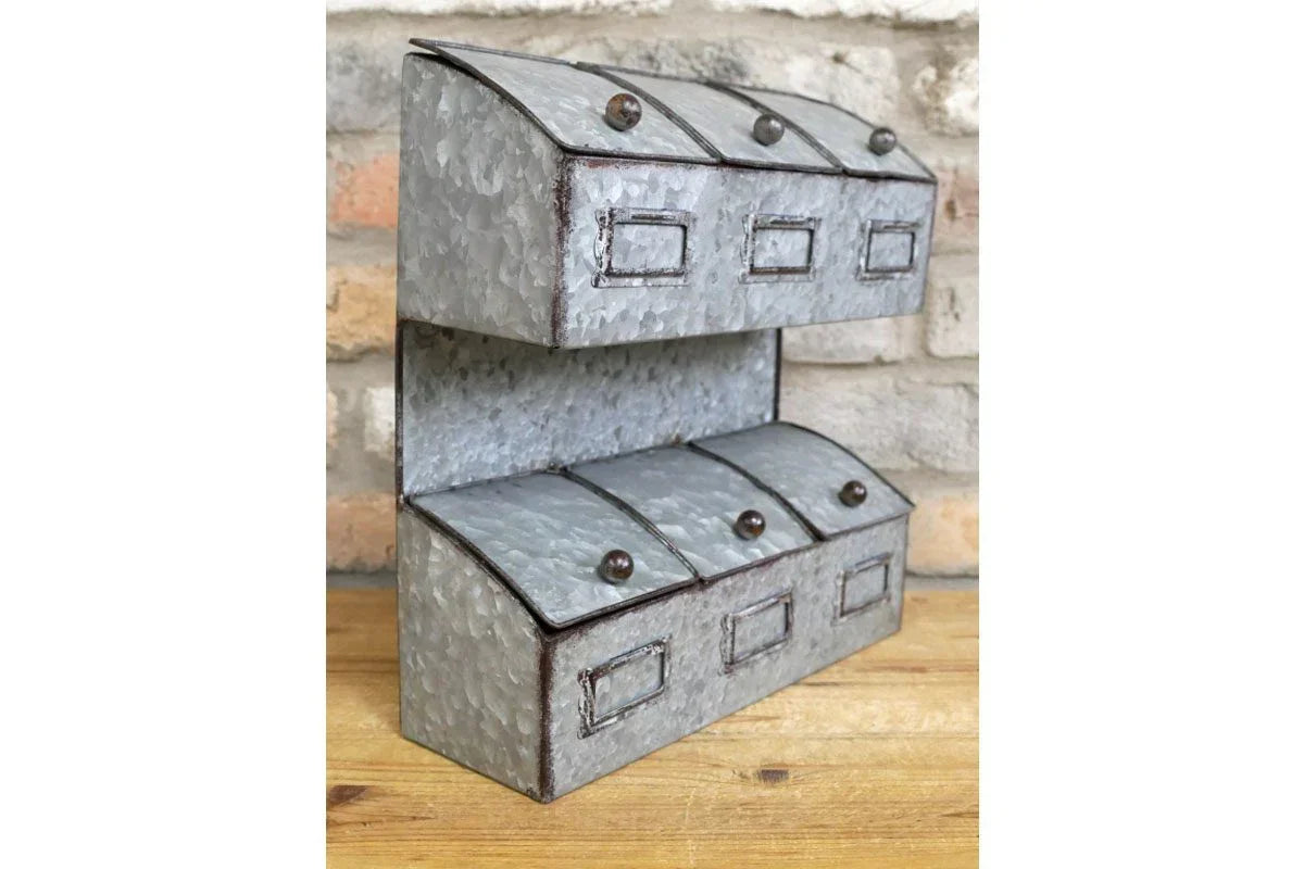 Galvanized metal wall storage unit with six compartments and label holders