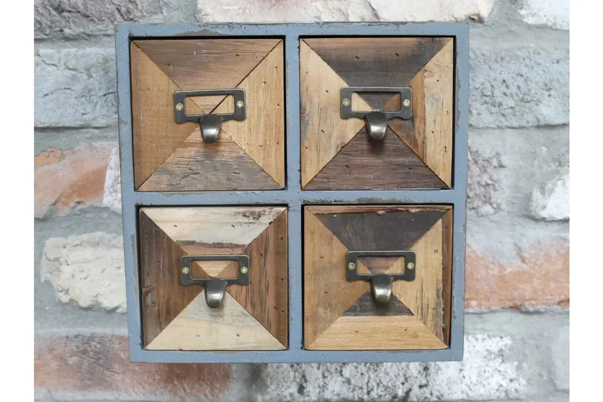 Rustic wooden storage drawers with metal handles and geometric panel design, wall mounted