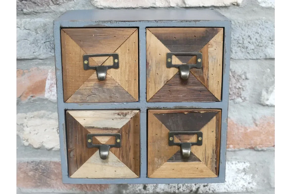 Rustic wood wall mounted storage drawers with metal handles and label holders