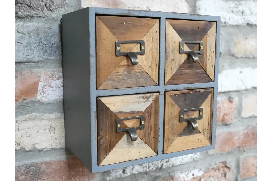 Rustic wooden wall mounted storage drawers with metal handles and label holders