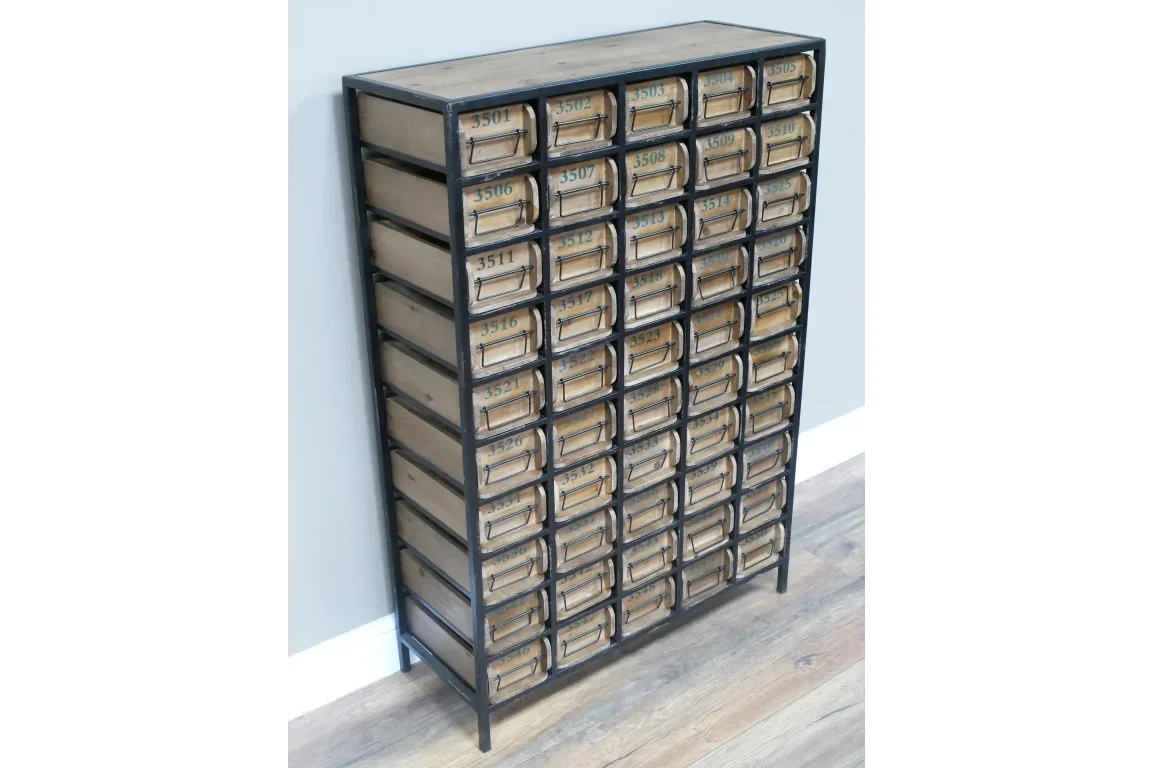 Industrial storage cabinet with 40 numbered wooden drawers and black metal frame