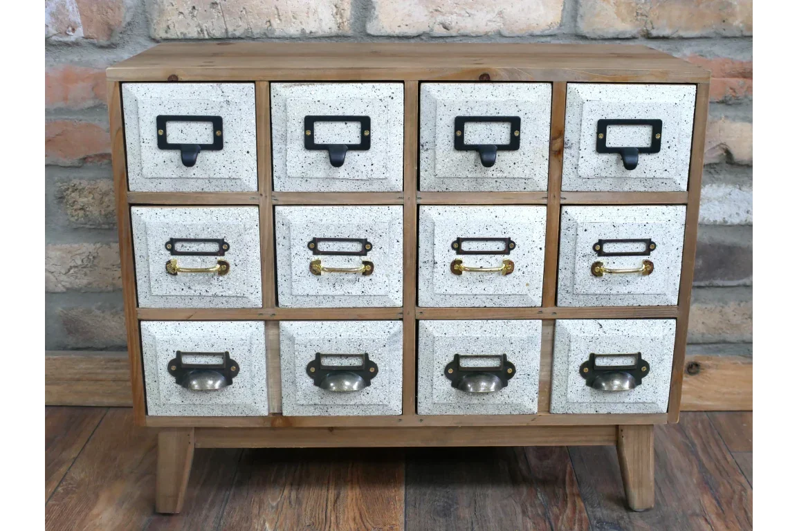 Wooden storage cabinet with twelve small white drawers and mixed metal handles