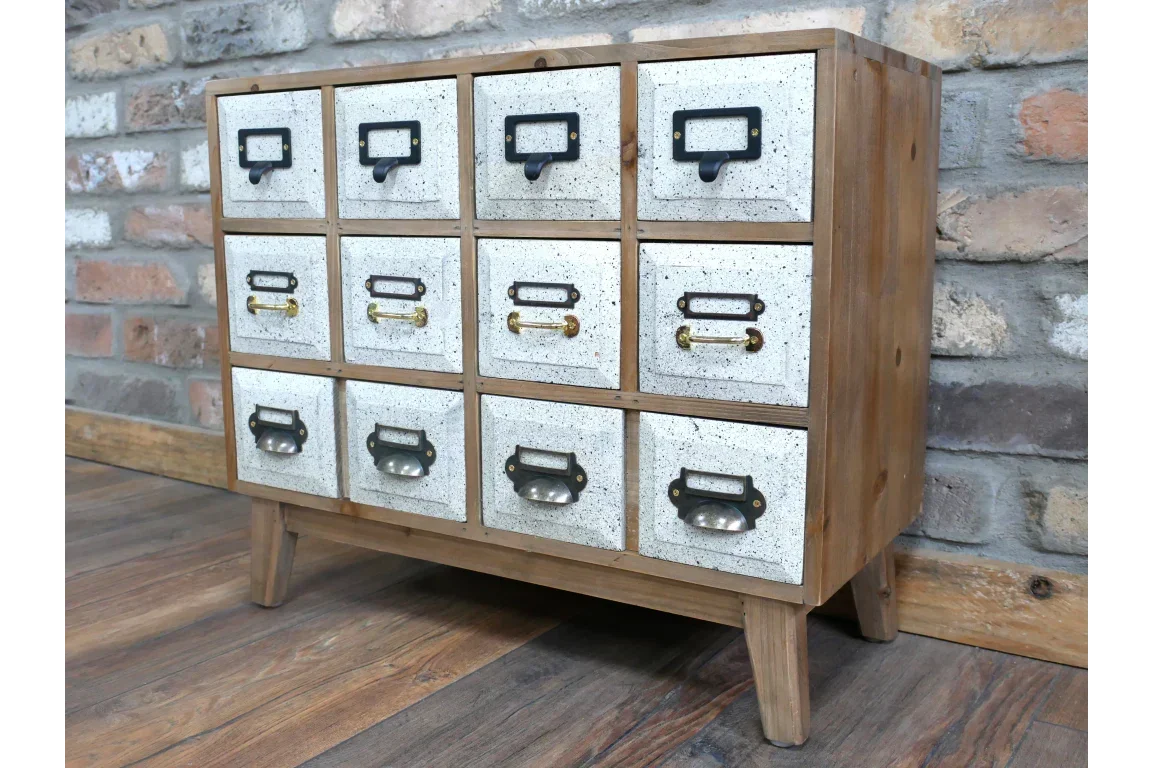 Wooden chest with twelve white storage drawers and assorted metal handles, industrial style
