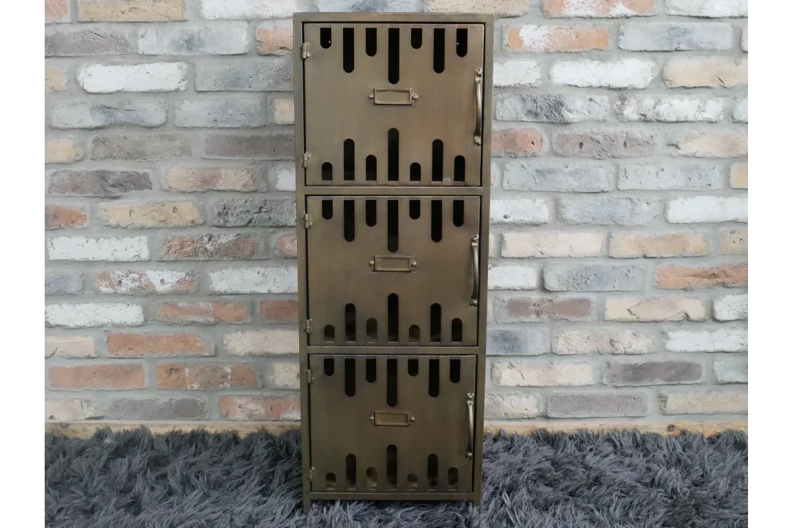 Three-tier metal storage locker with vented doors on grey rug against brick wall