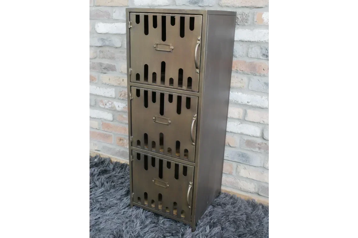 Industrial metal storage cabinet with three compartments and vented doors on a grey rug