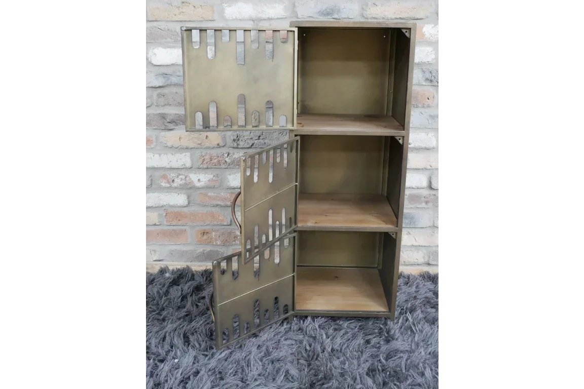 Industrial metal storage cabinet with three wooden shelves and open slotted doors