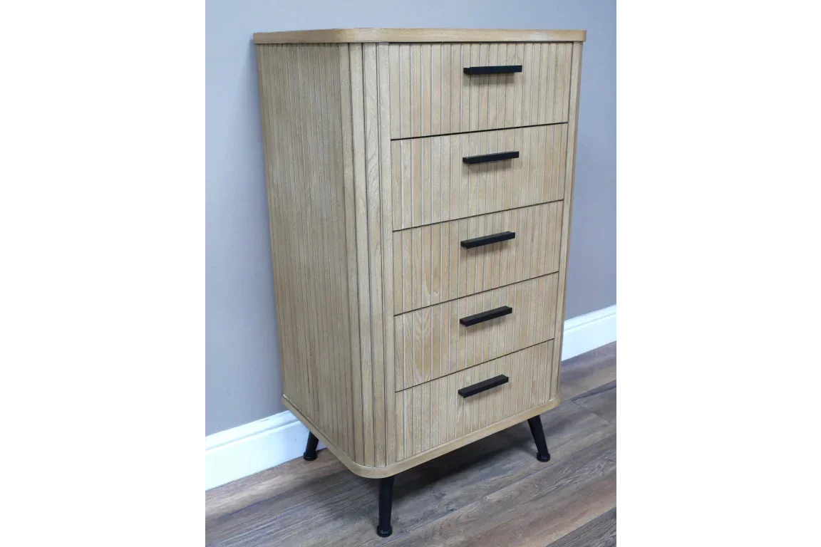 Oak wood chest of drawers with black handles and slatted design on dark legs