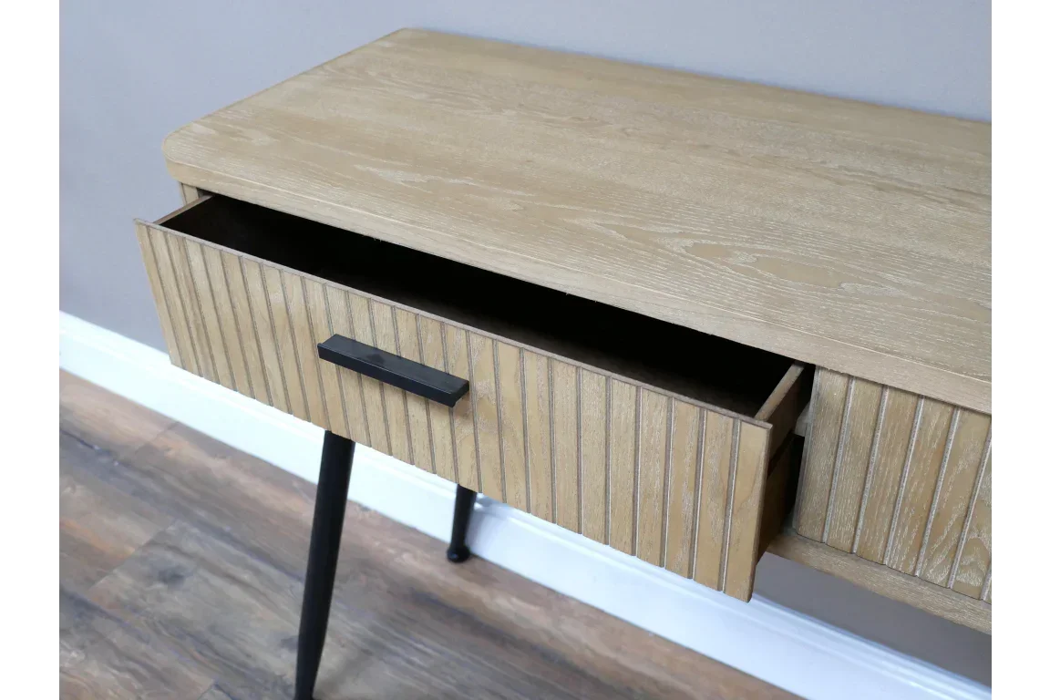 Oak wood console table with open drawer, black handle and slim black legs