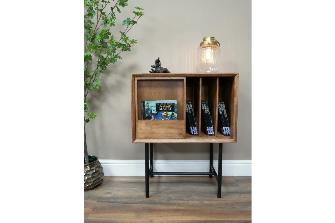 Mid-century wood side table with divided magazine rack and black metal legs