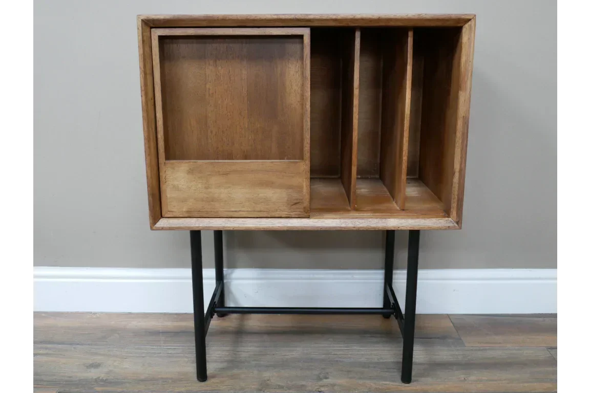 Wooden storage unit with four compartments and black metal legs for living room furniture