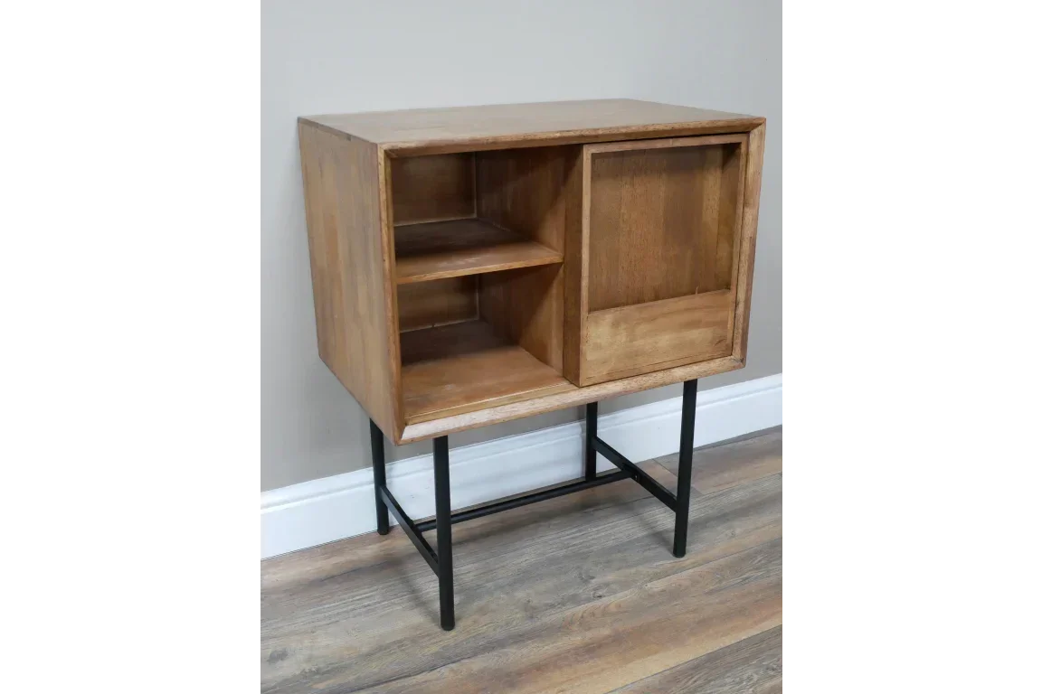 Wooden side table with open shelving and sliding door, black metal legs, oak finish