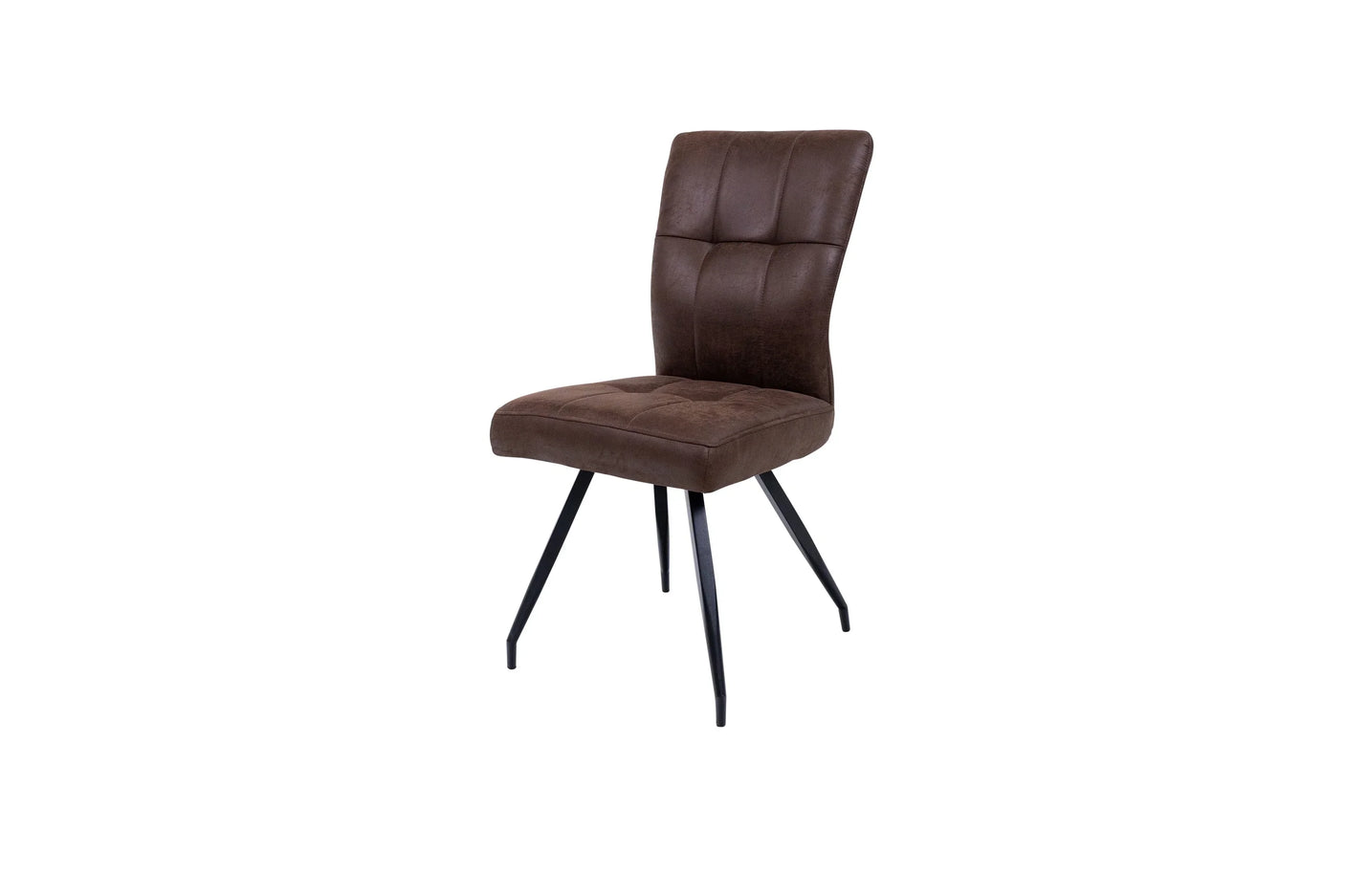 Brown upholstered dining chair with metal legs and stitched seat detail