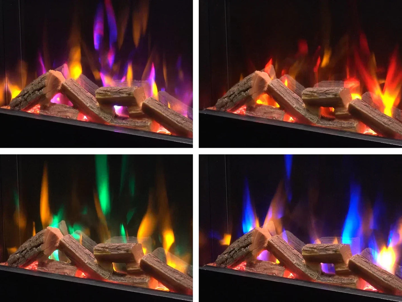 Electric fireplace with logs and changing flame colors in four visual modes