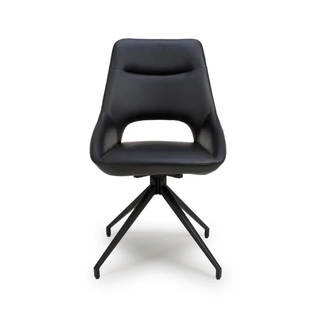 Black swivel dining chair with cut-out back and metal legs, front view