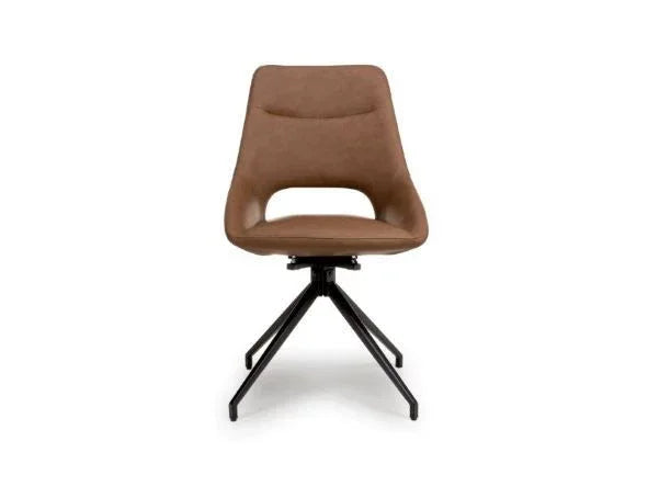 Tan dining chair with cut-out backrest and black metal legs, front angle