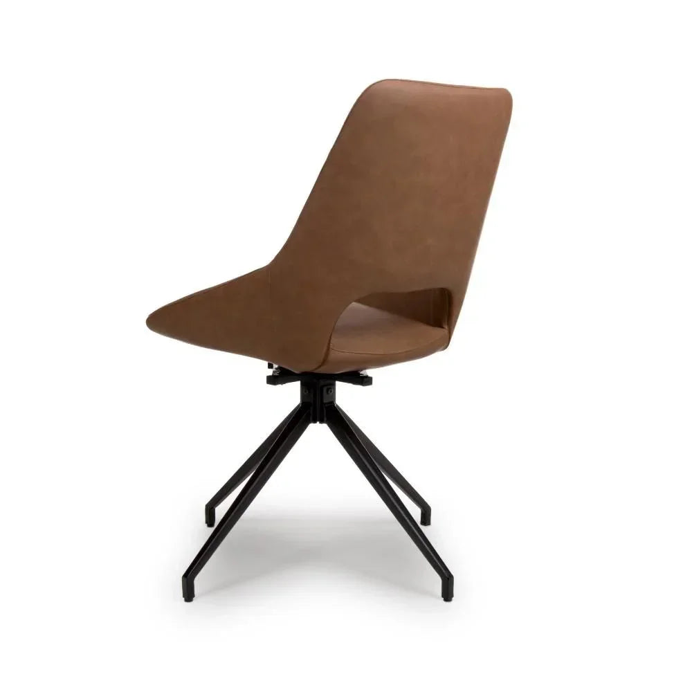Brown swivel dining chair with black metal legs, side view