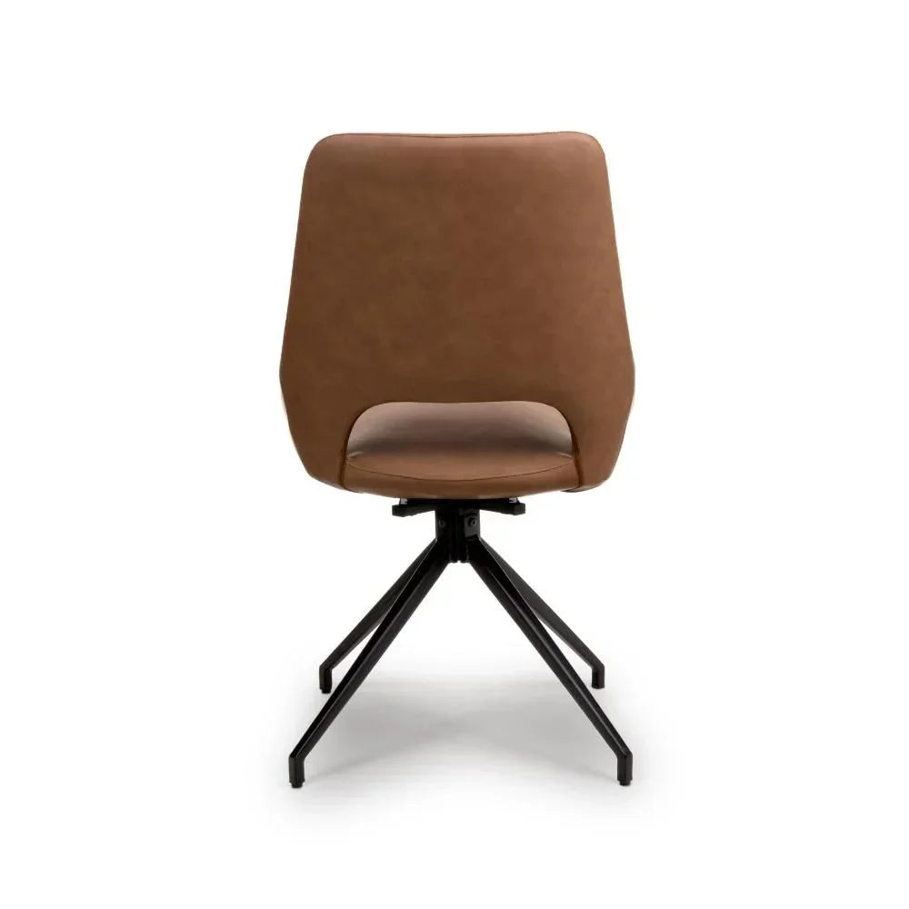 Tan dining chair with black metal legs, rear view, featuring a cut-out backrest design