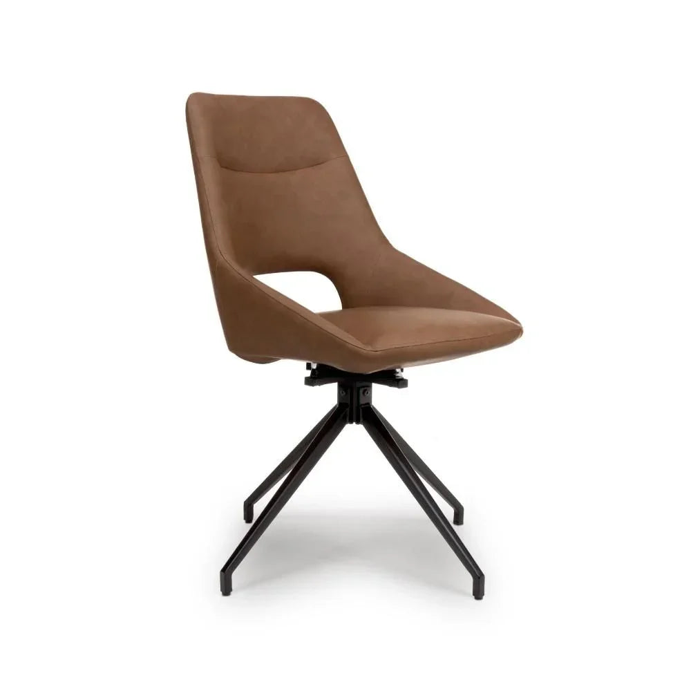 Tan upholstered dining chair with black metal legs and modern cutout seat design