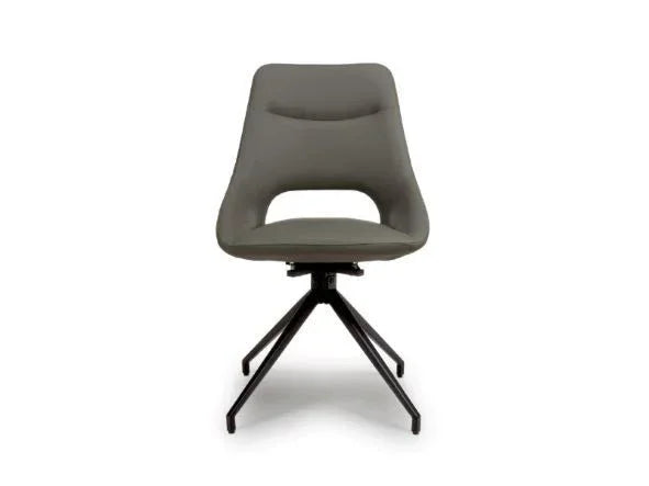 Grey dining chair with cut-out backrest and black metal legs, front view