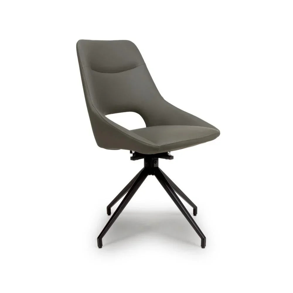 Grey swivel dining chair with cut-out back and black metal legs on white background