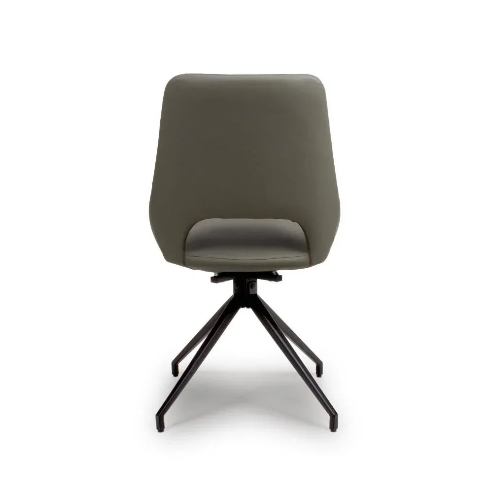 Grey dining chair with black metal legs, rear view showing open lower back design