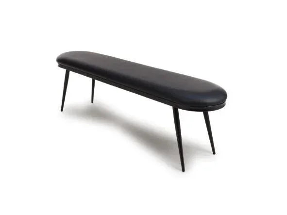 Black upholstered dining bench with slim tapered legs on white background