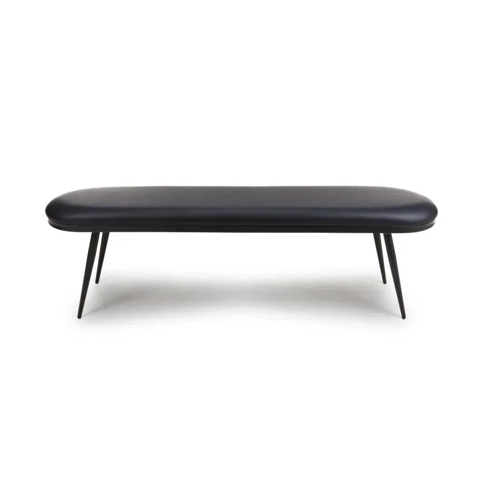 Black upholstered bench with slim metal legs, modern minimalist design, front view