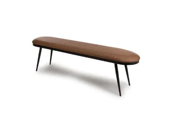 Brown upholstered dining bench with black metal legs on white background