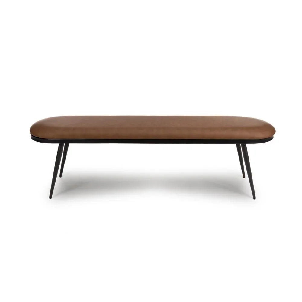 Brown leather bench with slim black metal legs, modern design on white background