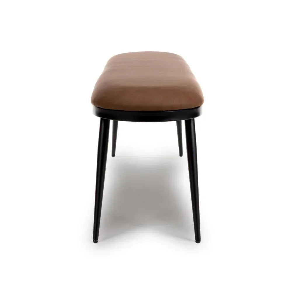 Brown upholstered dining bench with black metal legs, front view on white background