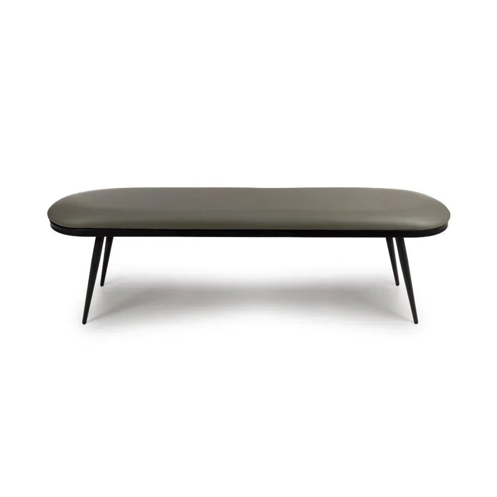 Modern grey bench with upholstered seat and slim black metal legs, front view