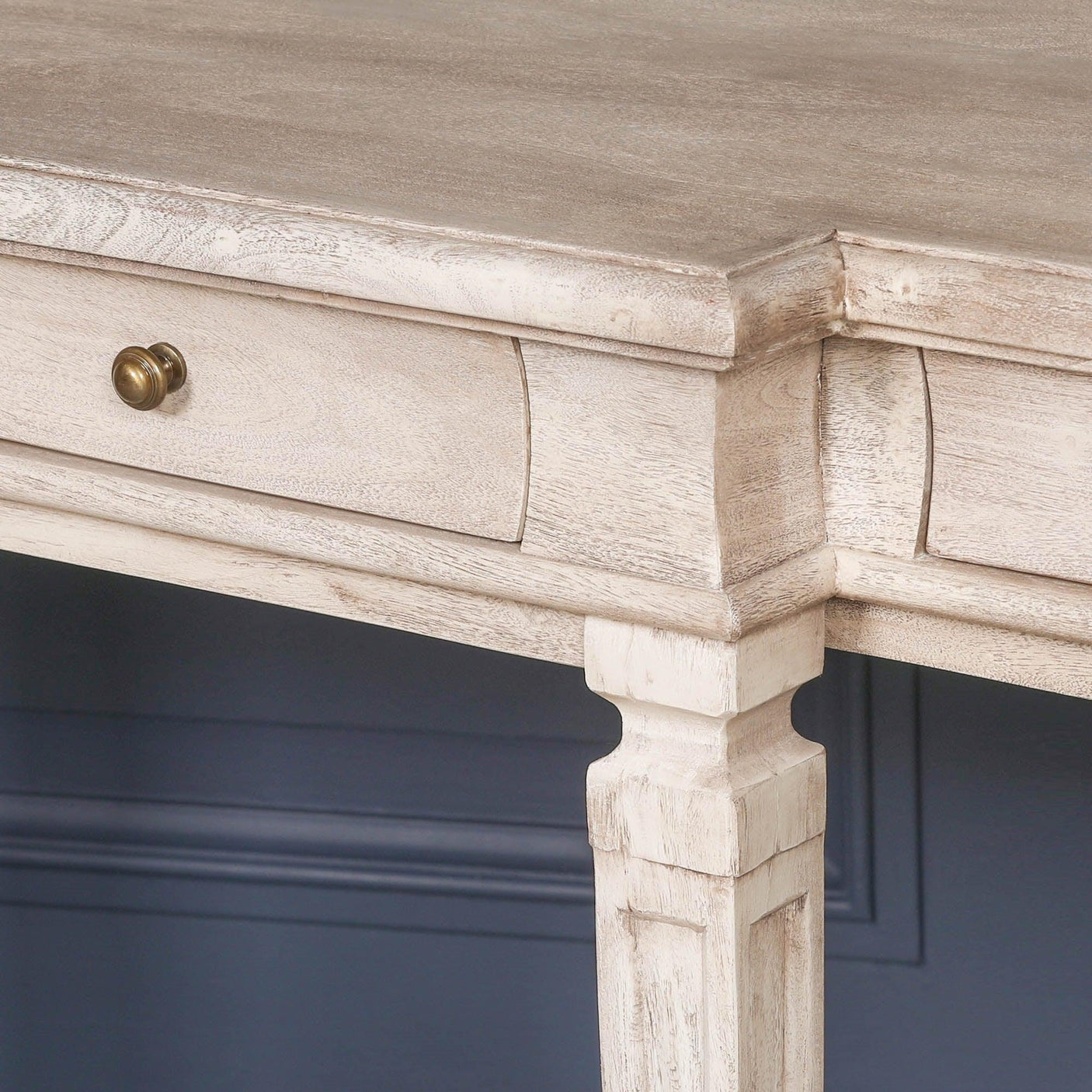Rustic wooden console table corner with single drawer and brass knob handle