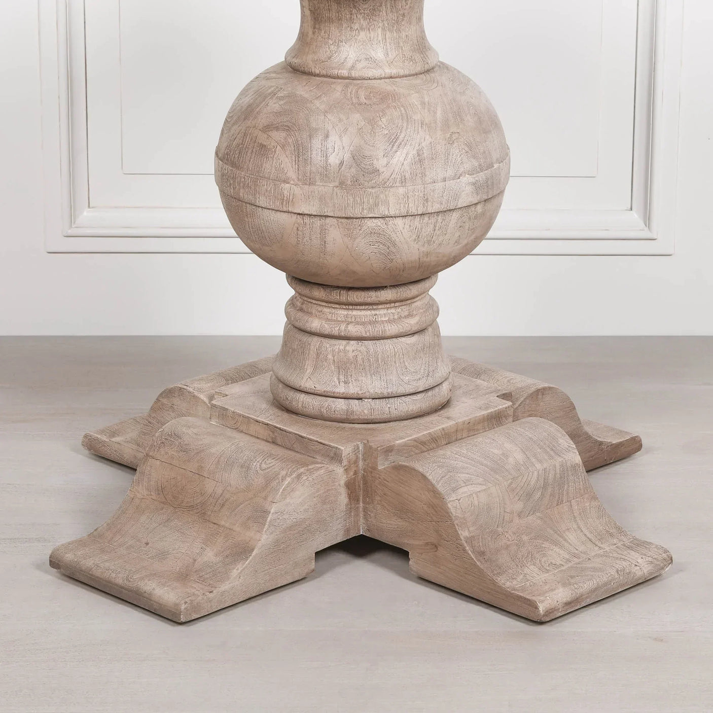 Rustic wood dining table pedestal base with curved carved detail