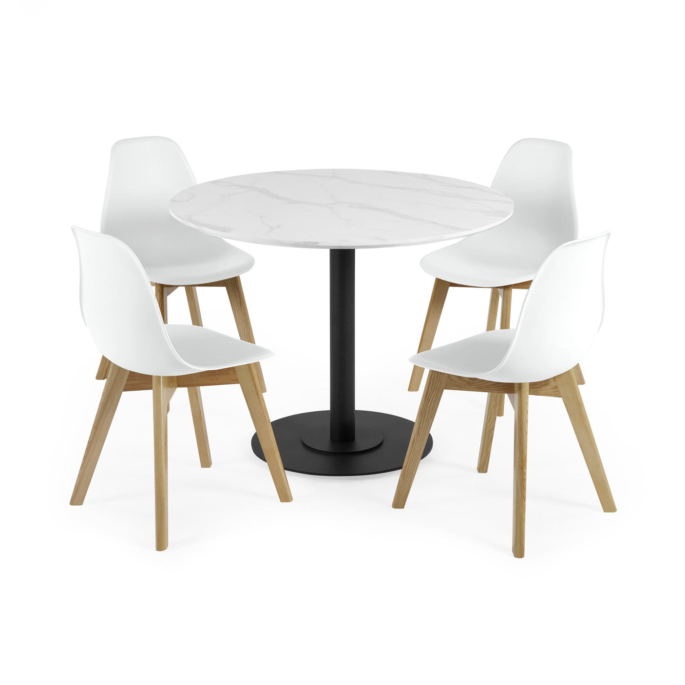 Four white chairs with light wood legs around round white marble table with black base