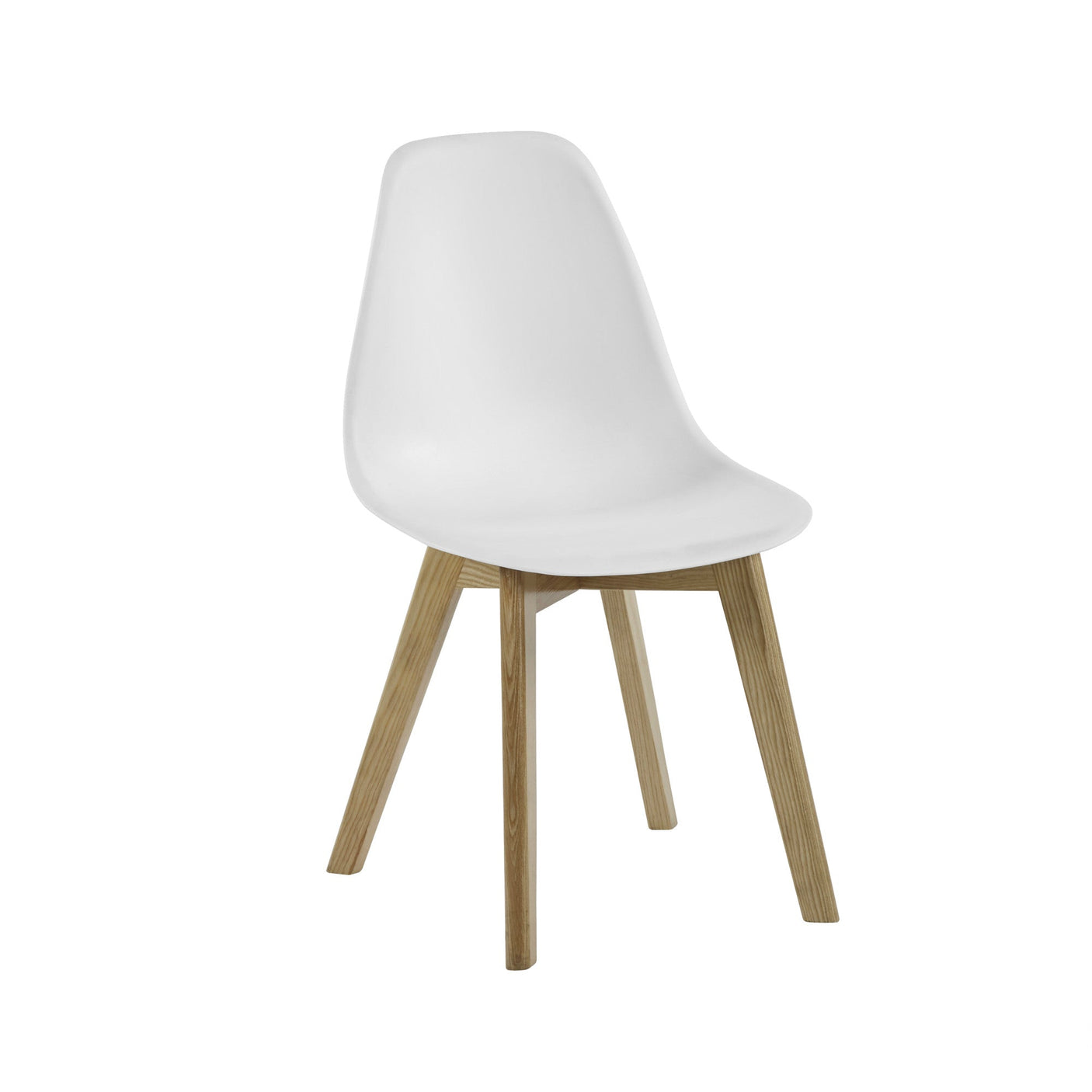 Single white dining chair with molded seat and light wood angled legs on white background