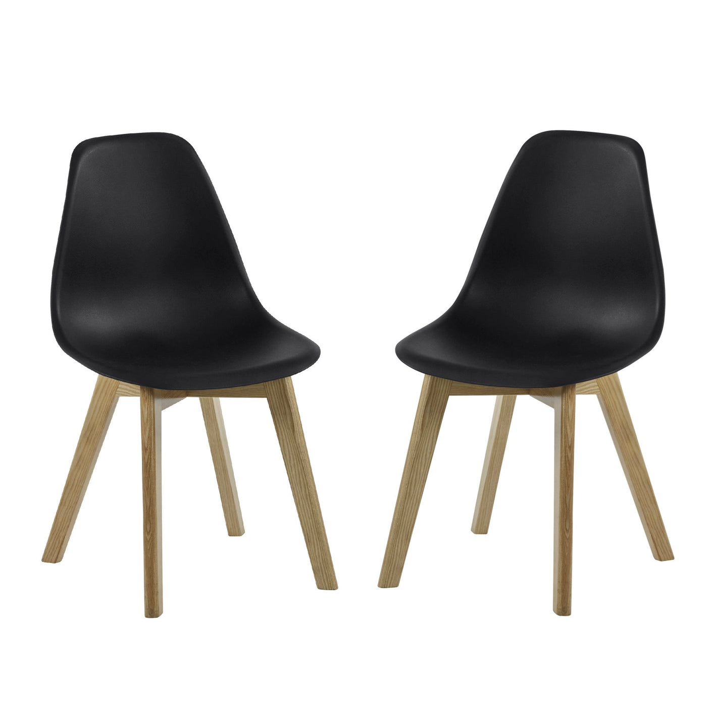 Pair of dining chairs with black curved seats and light wood legs on white background.
