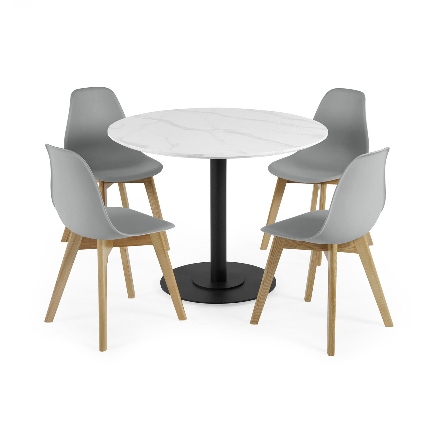 Dining set with four grey chairs and round white tabletop with black pedestal base