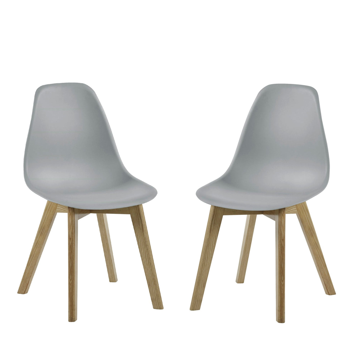 Pair of light grey plastic chairs with light wooden legs on white background side by side